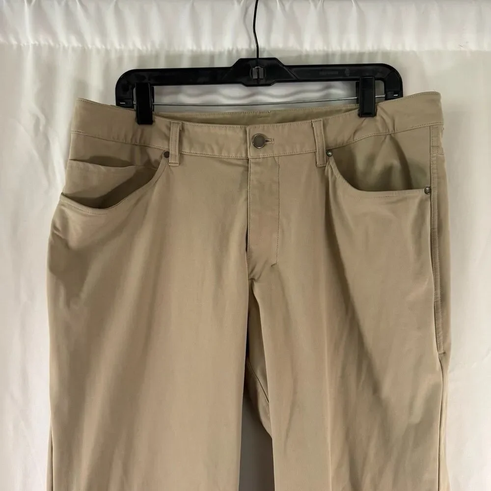 Lululemon ABC Pants Men's 36 Khaki Brown Chino Flat Front Tech Fit Button Zip
